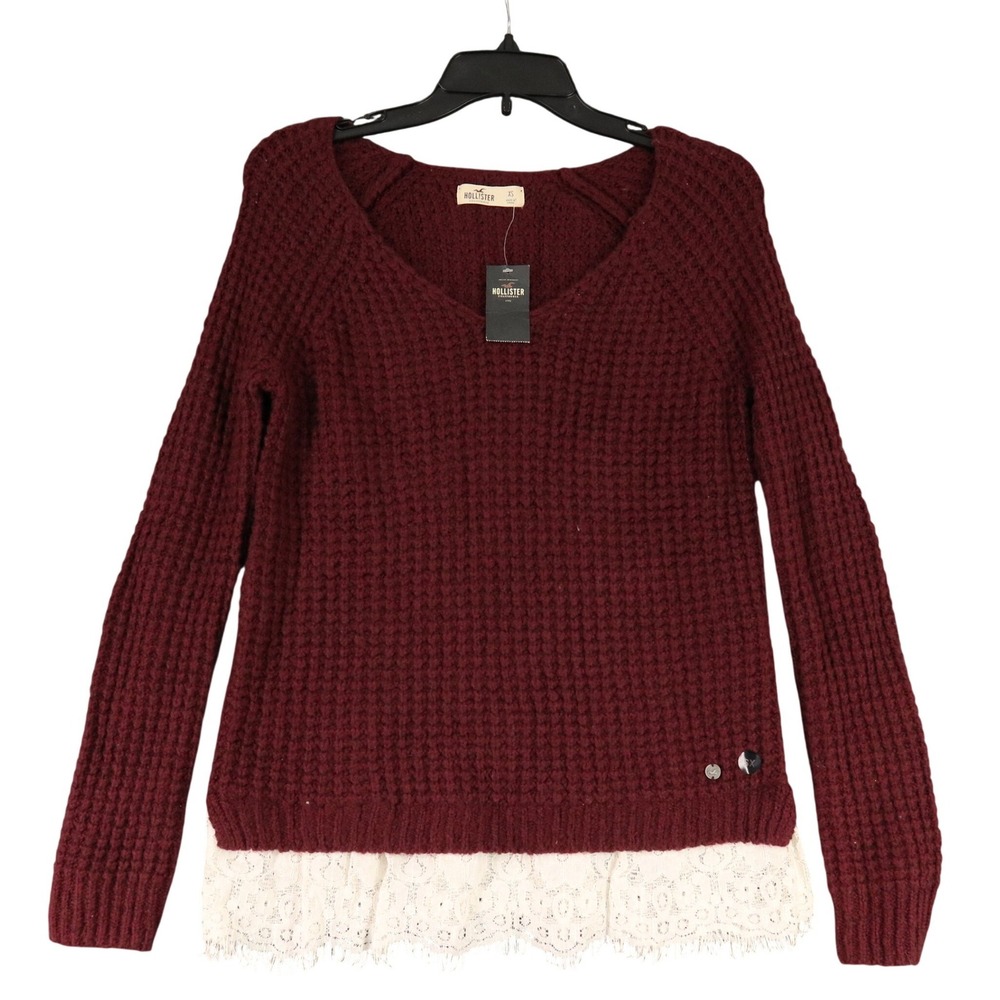Hollister Waffle Knit‎ Lace Hem Sweater Womens XS Burgundy Long Sleeve NWT
